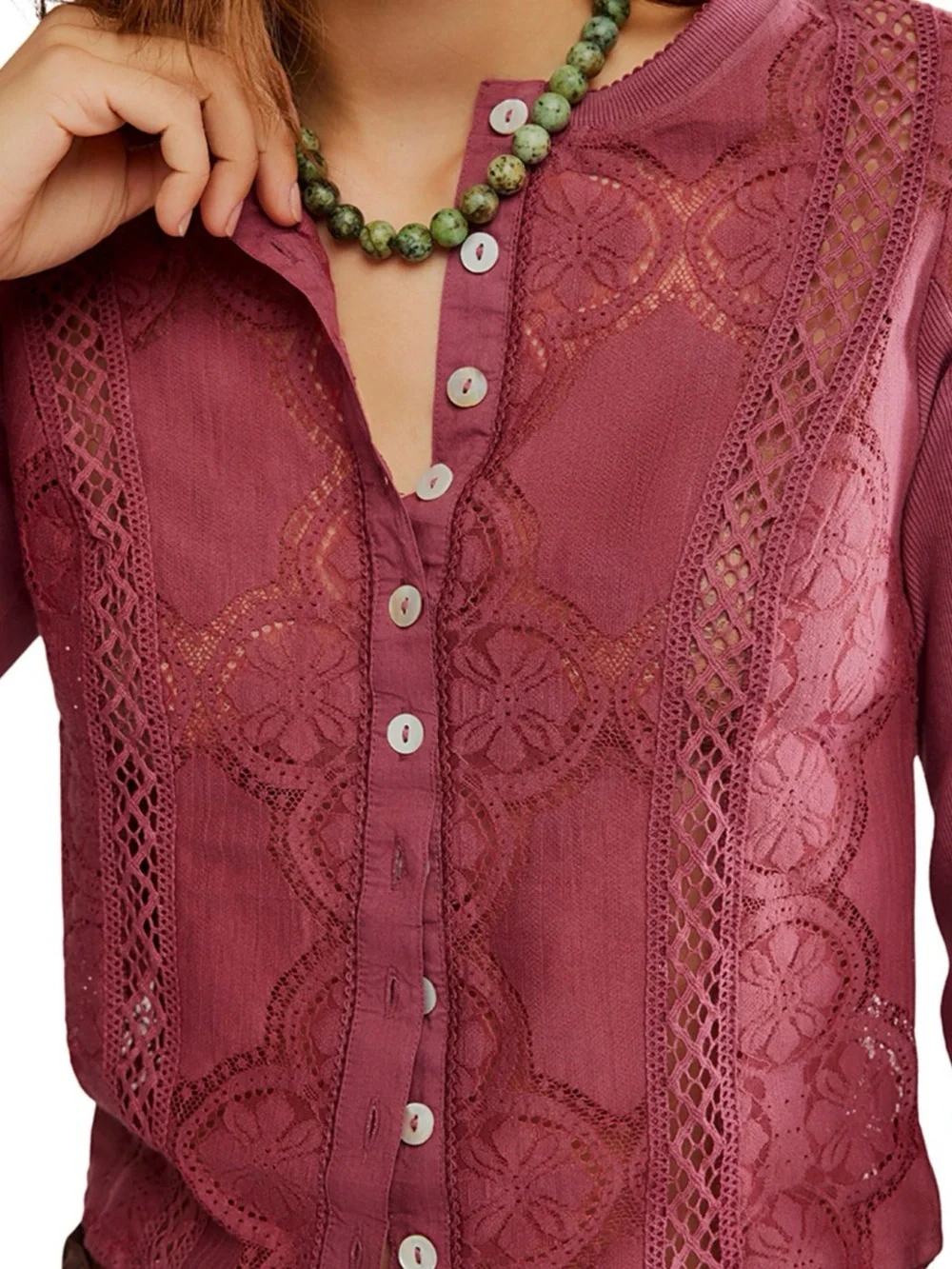 Free People Women's Button-Front Long-Sleeve Lace Top, Size SMALL